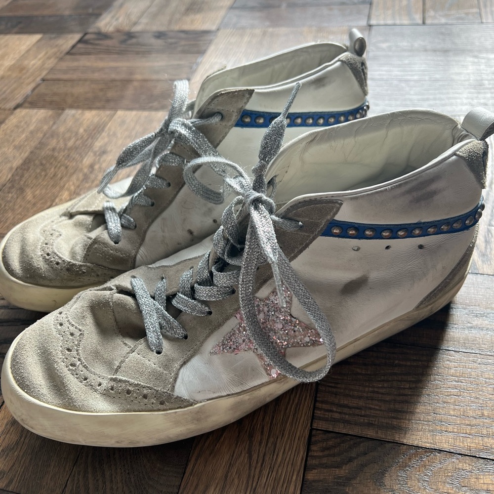 Golden Goose Mid-Star White, Beige & Pink Glitter High-Top Sneakers - Picture 6 of 10